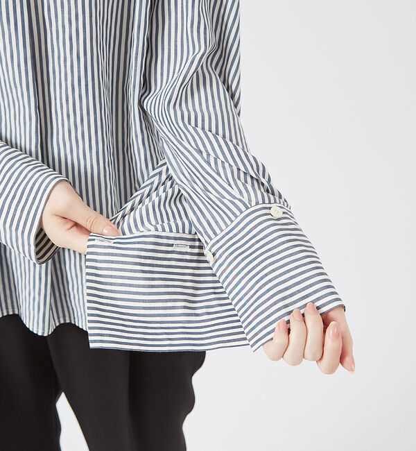 qualite「ストライプハイネックギャザーブラウス」|シャツ・ブラウス|