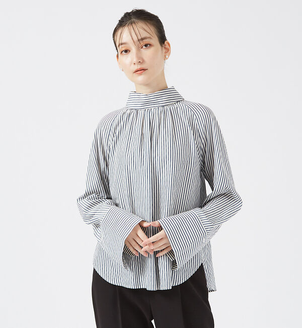 qualite「ストライプハイネックギャザーブラウス」|シャツ・ブラウス|
