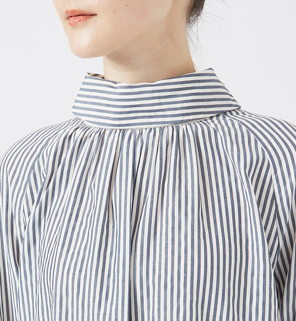 qualite「ストライプハイネックギャザーブラウス」|シャツ・ブラウス|