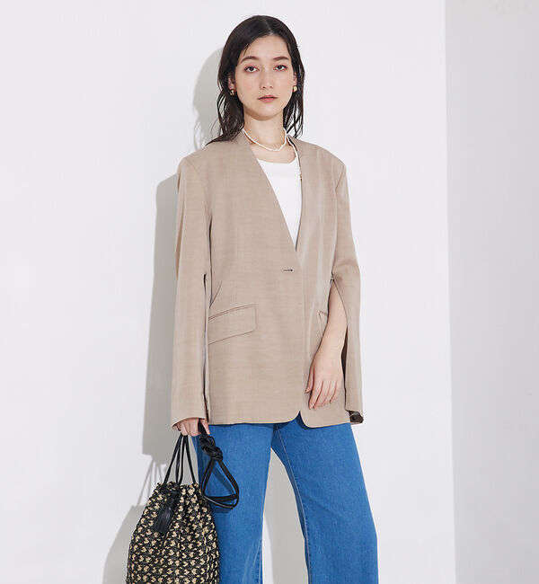 qualite「【Oggi・CLASSY掲載】袖コンシールあきJK」|ノーカラージャケット|グレージュ