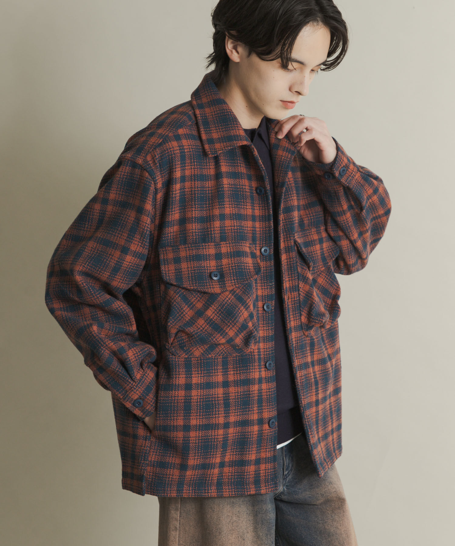 SENSE OF PLACE by URBAN RESEARCH「ヘビーネルチェックシャツジャケット」|ノーカラーコート|