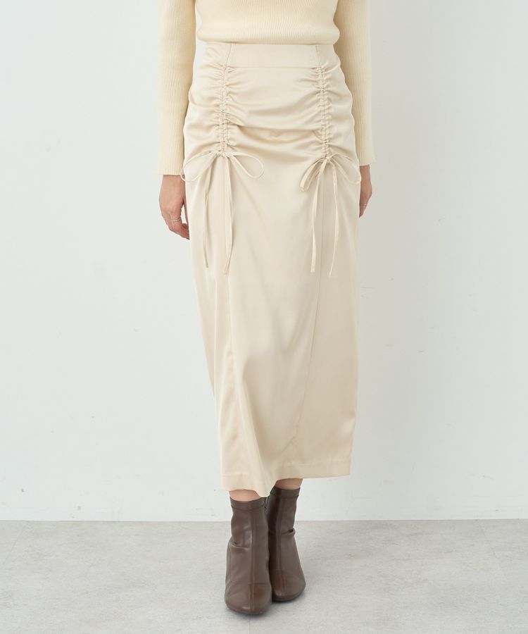 earth music&ecology「フロントドロストリボンナロースカート」|タイト|Light beige