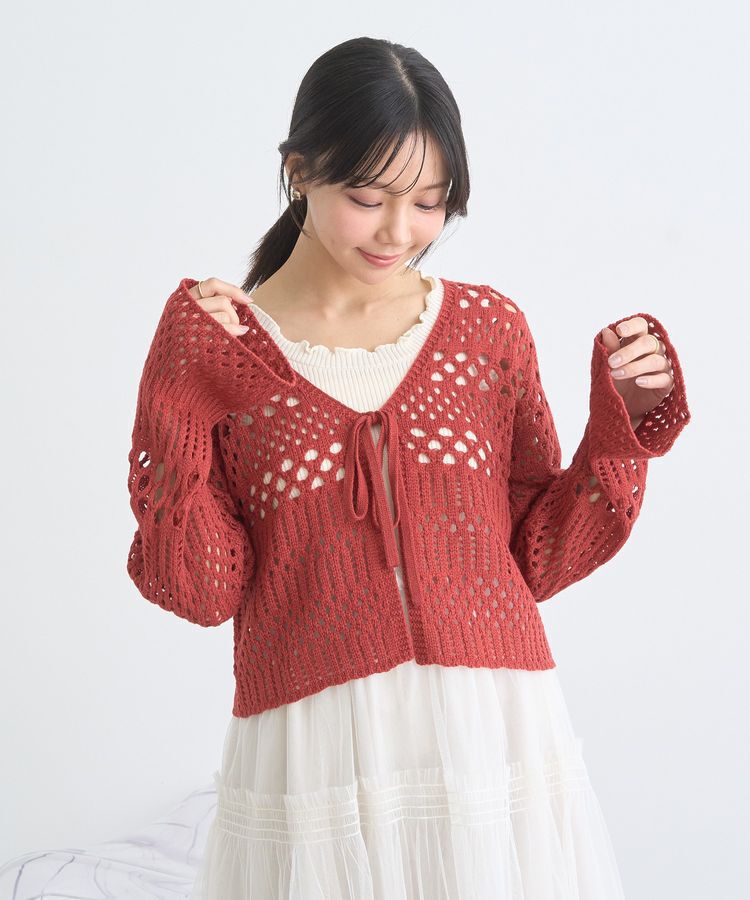 earth music&ecology「フロントリボン透かし編みカーディガン」|カーディガン|