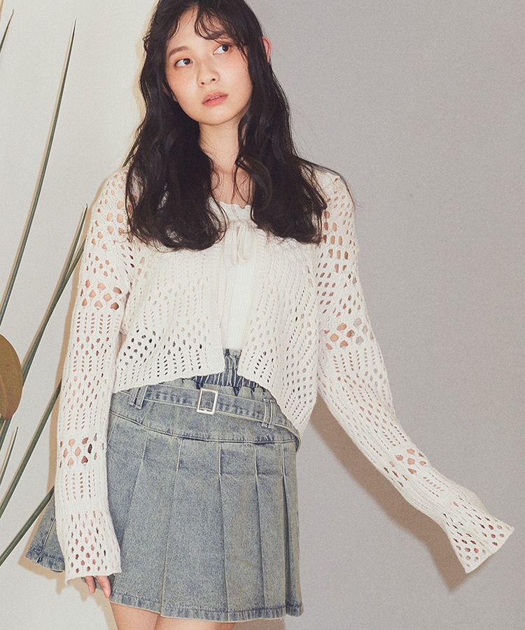 earth music&ecology「フロントリボン透かし編みカーディガン」|カーディガン|