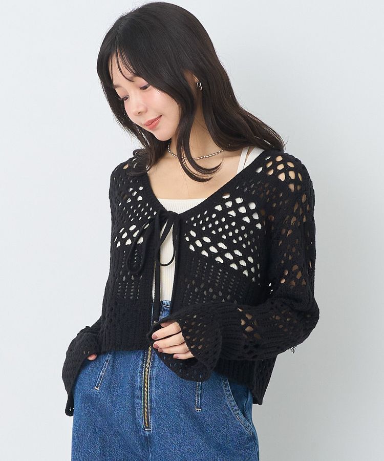 earth music&ecology「フロントリボン透かし編みカーディガン」|カーディガン|Black