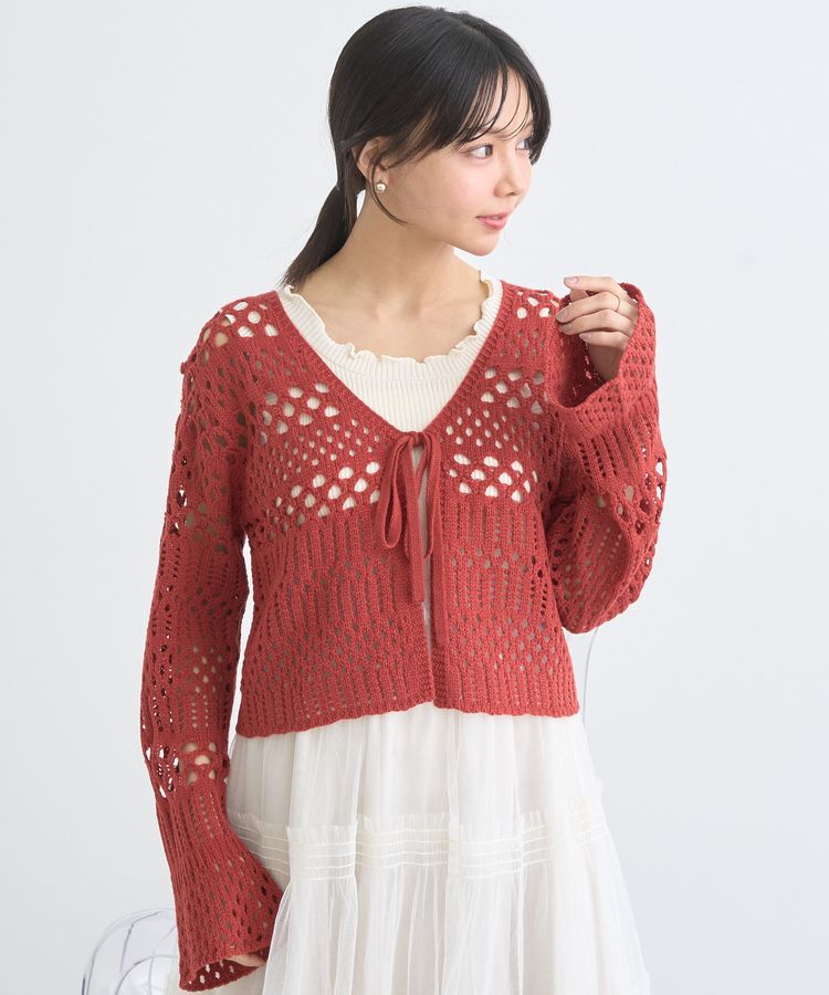 earth music&ecology「フロントリボン透かし編みカーディガン」|カーディガン|Red