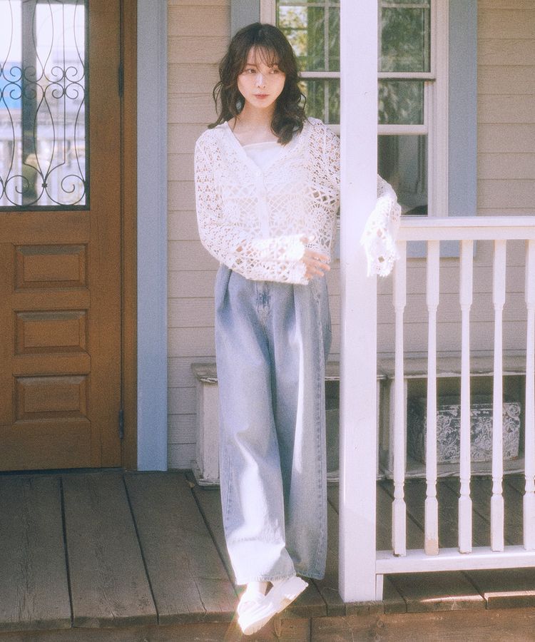 earth music&ecology「クロシェ風Vネックカーディガン」|カーディガン|