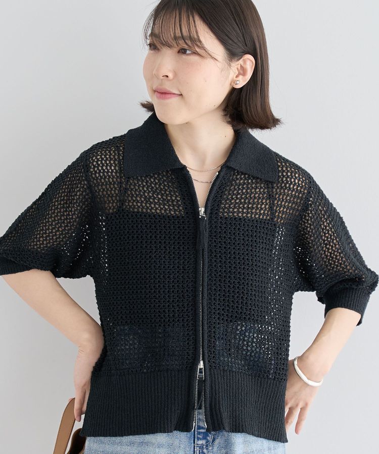 Green Parks「襟付きメッシュ編みZIPカーディガン」|カーディガン|