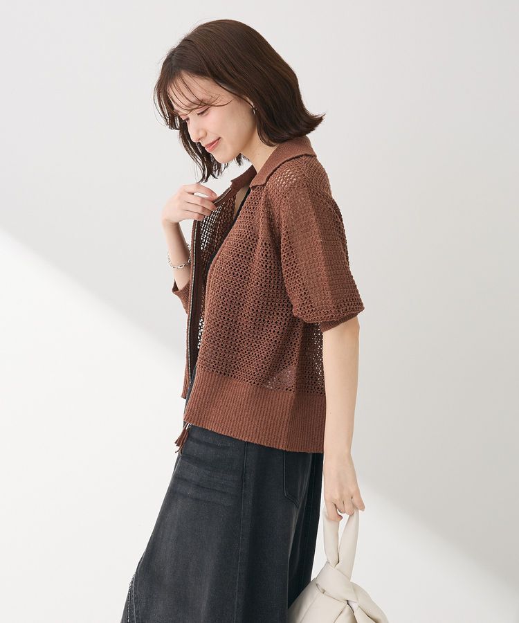 Green Parks「襟付きメッシュ編みZIPカーディガン」|カーディガン|