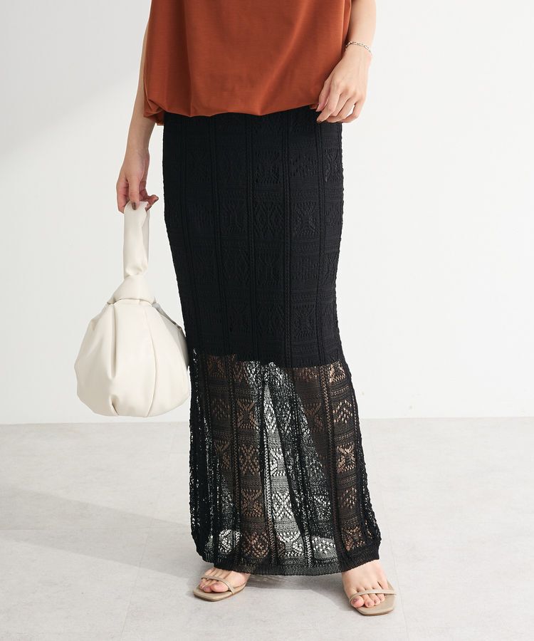 Green Parks「透かし柄ニットレースIラインスカート」|タイト|Black
