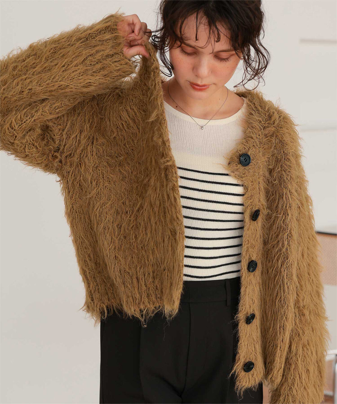 titivate「ふわふわ毛ガキニットカーディガン」|ニット・セーター|キャメル