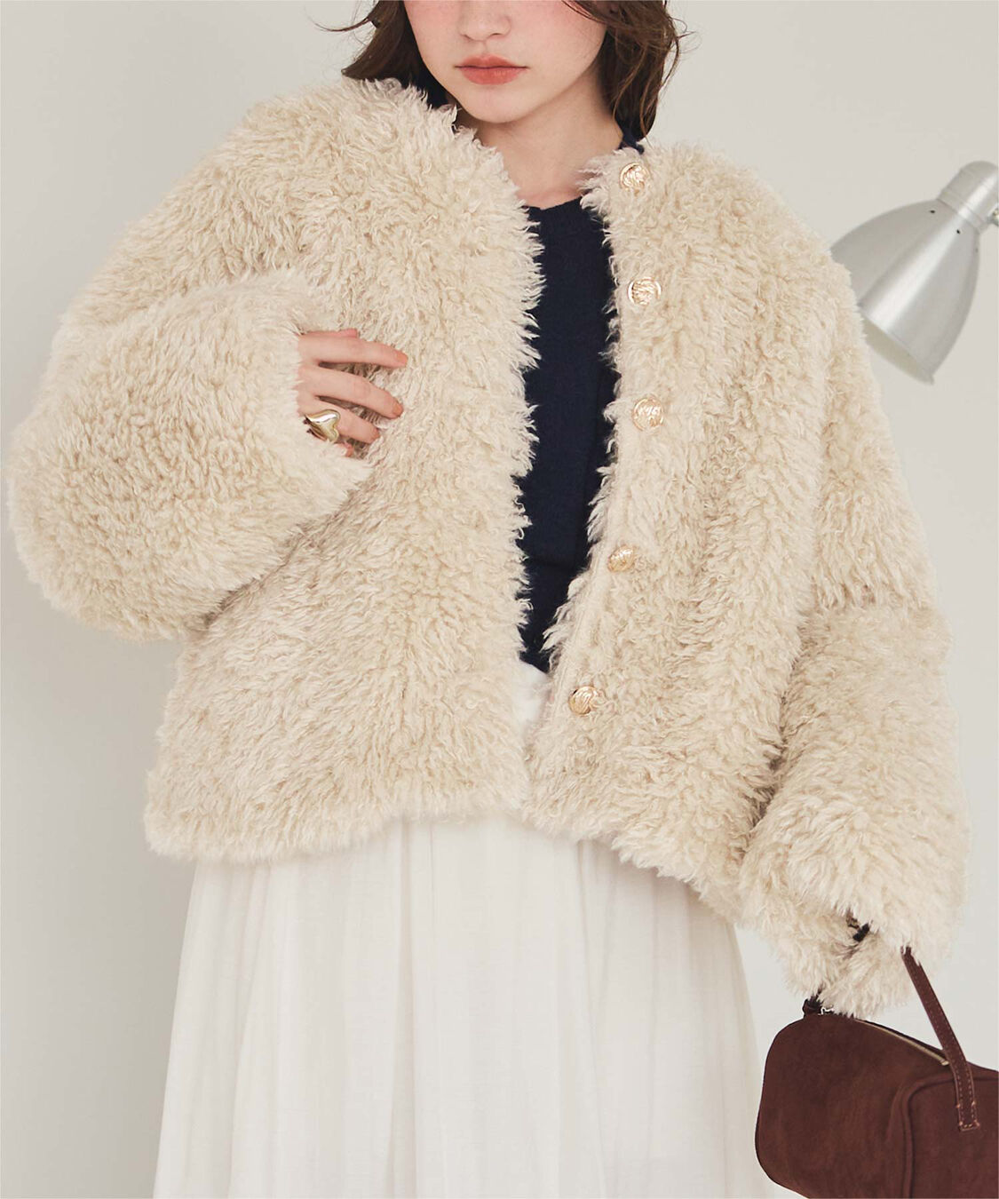 titivate「【いつきさんコラボアイテム】中綿キルティングプードルフェイクファージャケット」|ノーカラージャケット|