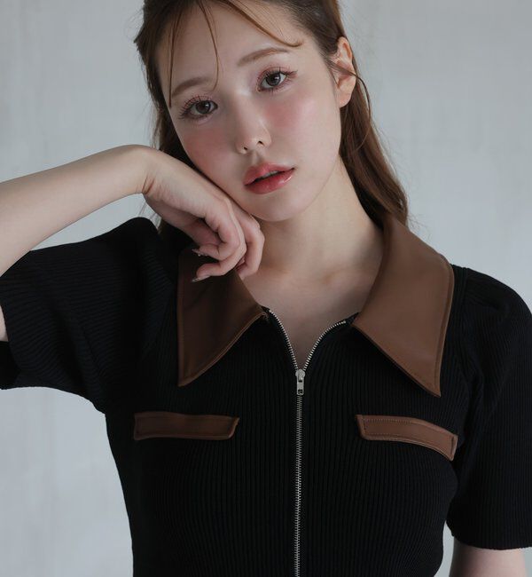  「合皮衿ニットミニワンピ」|ワンピース|