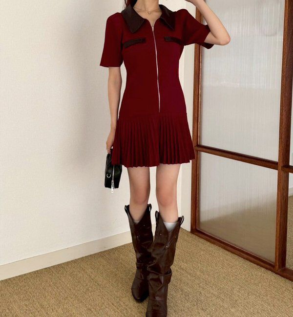  「合皮衿ニットミニワンピ」|ワンピース|