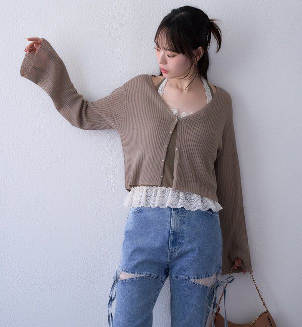  「ビジュー釦ラメシアーカーデ」|ニット・セーター|