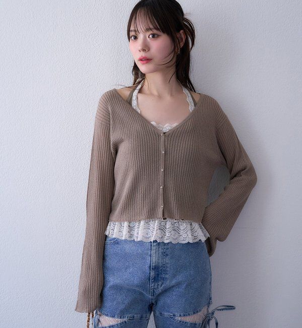  「ビジュー釦ラメシアーカーデ」|ニット・セーター|