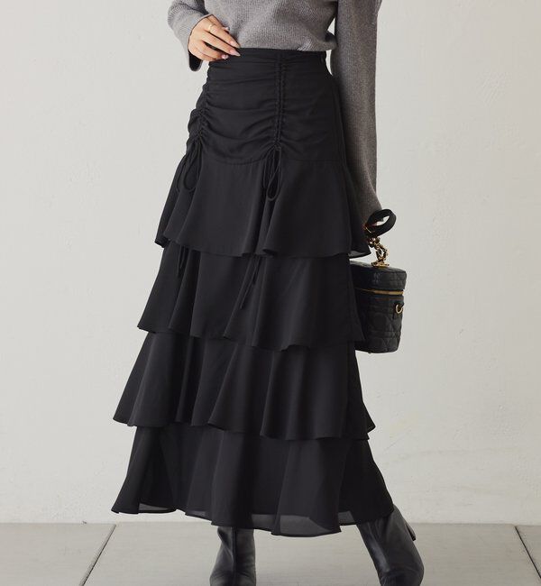  「ドロストティアードロングスカート」|スカート|ブラック