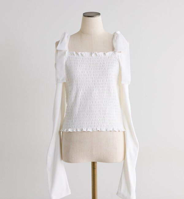  「長袖シャーリング肩リボントップス」|プルオーバー|