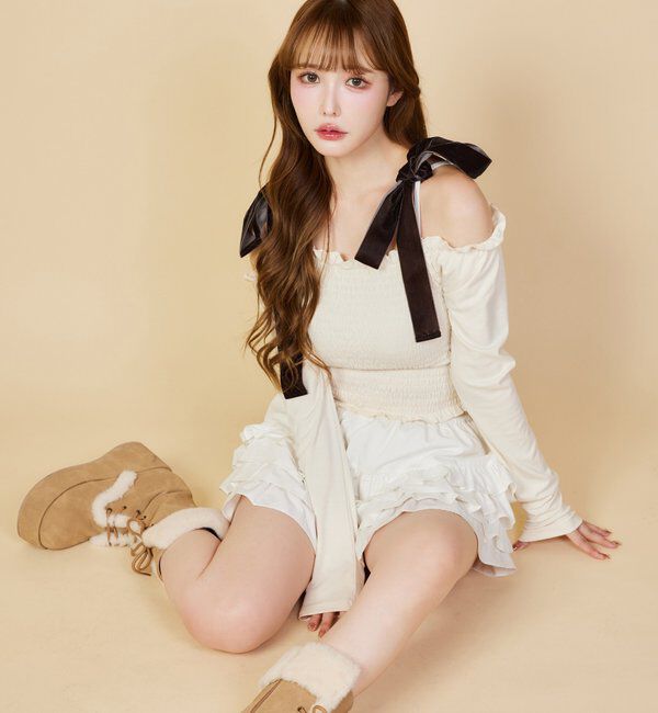  「長袖シャーリング肩リボントップス」|プルオーバー|