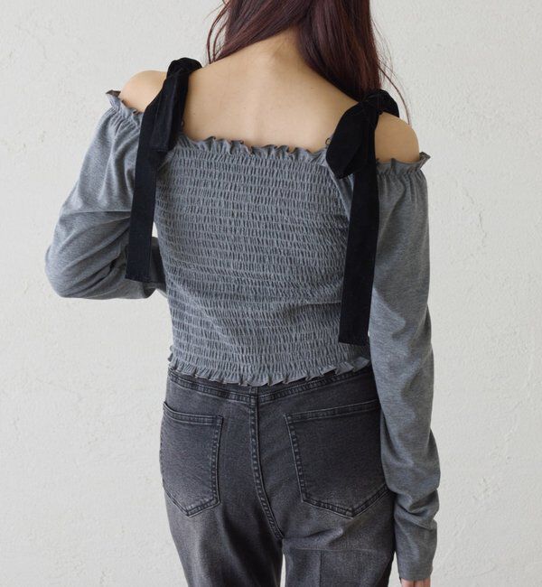  「長袖シャーリング肩リボントップス」|プルオーバー|