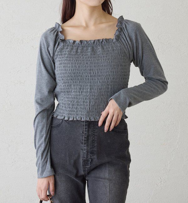  「長袖シャーリング肩リボントップス」|プルオーバー|