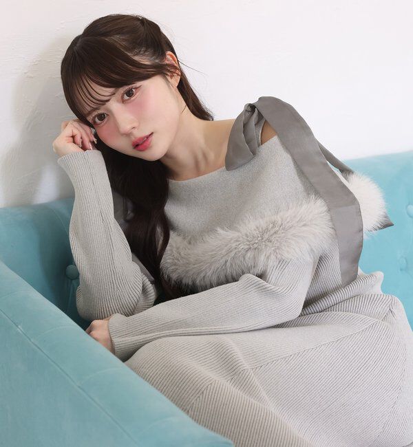  「リボン取り外し可能オフショルファーニットワンピース」|ワンピース|