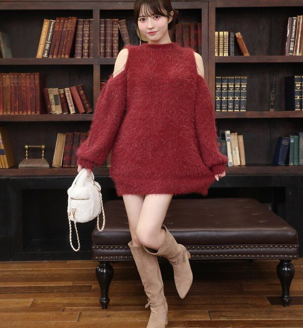  「肩あきビジューニットミニワンピ」|ワンピース|