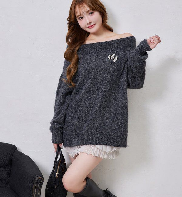  「ブローチ付きベロアモールミニニットワンピース」|ワンピース|