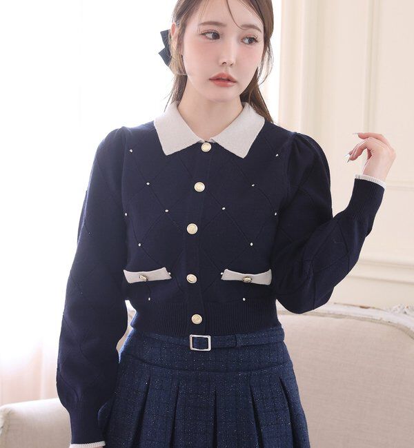  「配色ビジュー付ポロニット」|ニット・セーター|