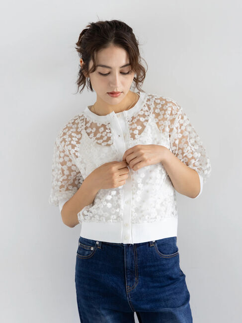 Te chichi「エンブロイダリー半袖クルーカーディガン」|カーディガン|