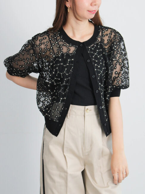 Te chichi「エンブロイダリー半袖クルーカーディガン」|カーディガン|ブラック