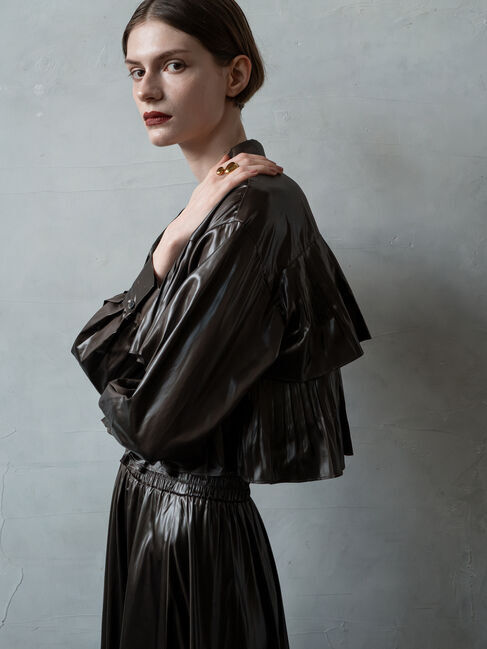 Te chichi「【Atelier plier】プリーツチンツ ティアードショートシャツ(セットアップ可)《2025Autumn catalog item》」|シャツ・ブラウス|ブラウン