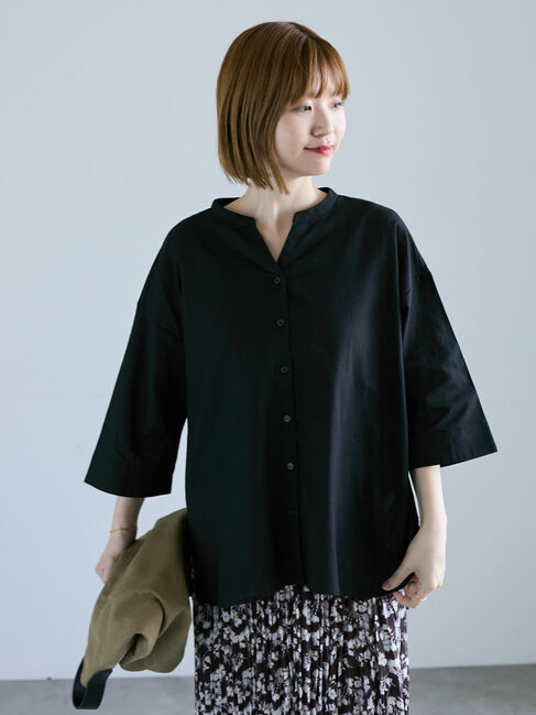 Lugnoncure「綿麻7分袖シャツ」|シャツ・ブラウス|ブラック