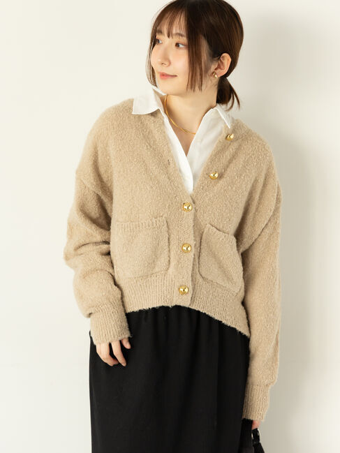 Te chichi TERRASSE「ブークレ金釦クルーネックカーディガン」|カーディガン|ベージュ