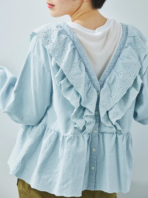 Samansa Mos2「デニムスカラップ刺繍フリル2WAYブラウス」|シャツ・ブラウス|