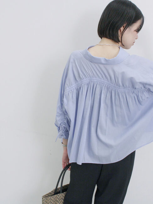 Samansa Mos2 blue「ショート丈シャーリングブラウス」|シャツ・ブラウス|