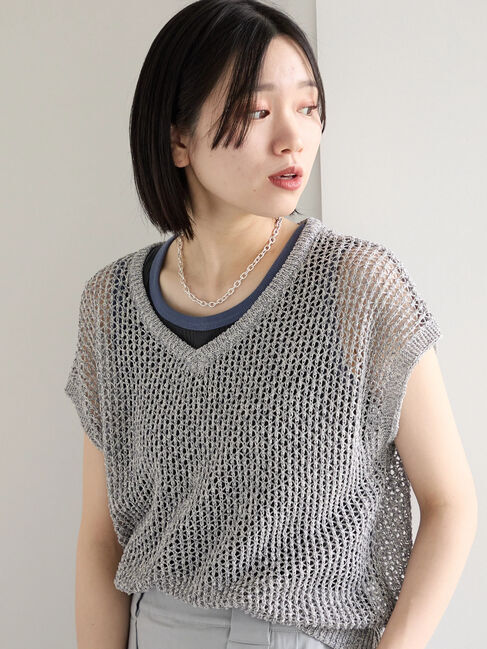 Samansa Mos2 blue「メランジラメメッシュニットベスト」|ニット・セーター|