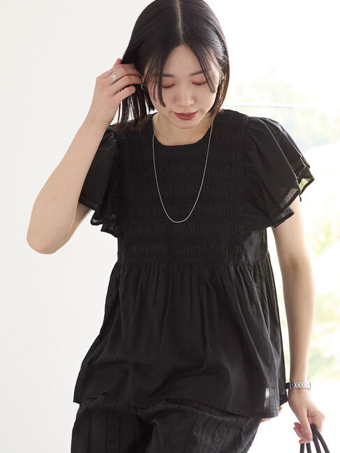 Samansa Mos2 blue「【Made in India】シャーリングブラウス」|シャツ・ブラウス|