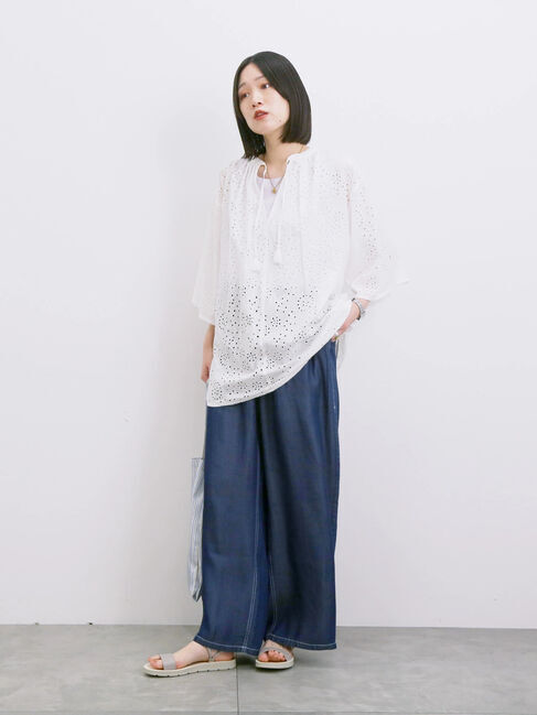 Samansa Mos2 blue「【Made in India】タッセル付ギャザーレースブラウス」|シャツ・ブラウス|