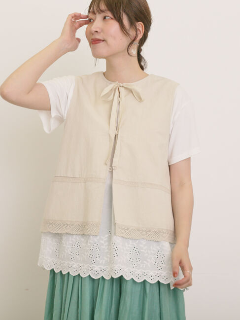 Samansa Mos2「レース付きリボン開きベスト」|ダウンベスト・ベスト|