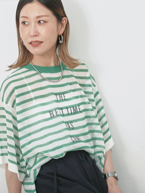 Samansa Mos2 blue「ボーダーロゴニットプルオーバー」|ニット・セーター|