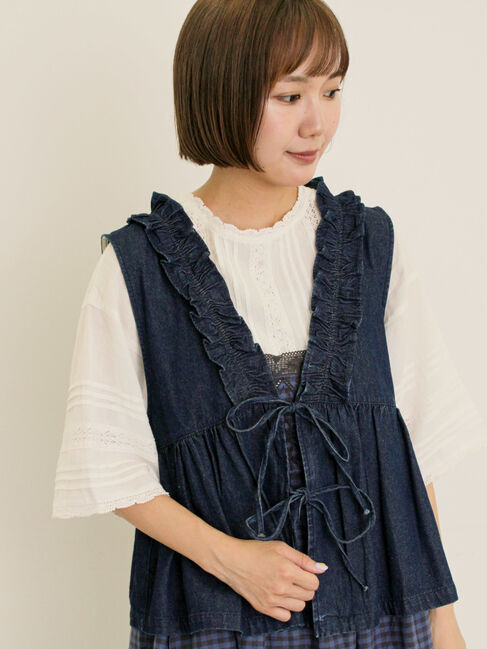 Samansa Mos2「刺繍デニムベスト」|ダウンベスト・ベスト|