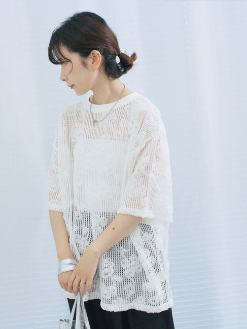 Samansa Mos2 blue「チュールフラワーコードTシャツ」|Tシャツ・カットソー|