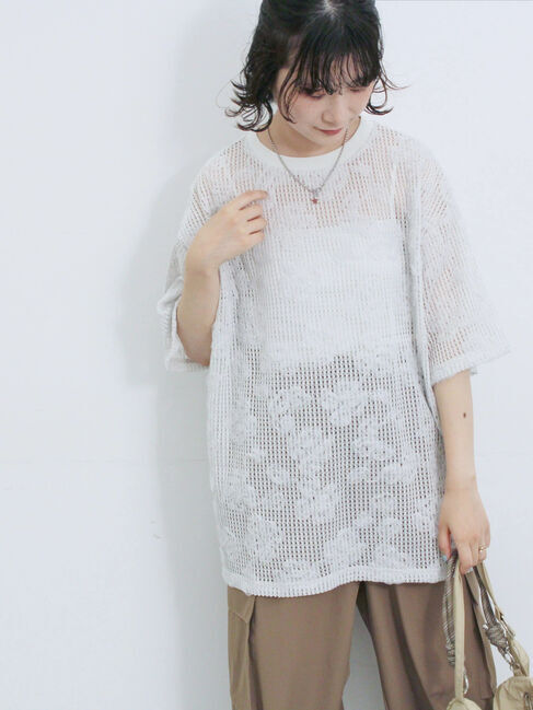 Samansa Mos2 blue「チュールフラワーコードTシャツ」|Tシャツ・カットソー|