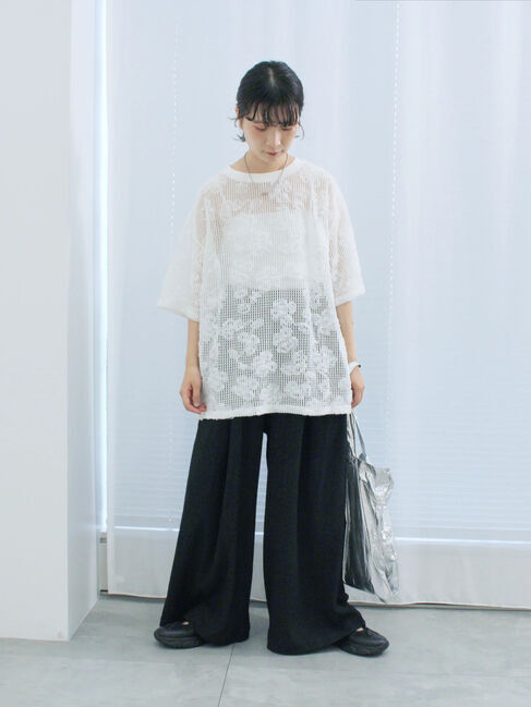 Samansa Mos2 blue「チュールフラワーコードTシャツ」|Tシャツ・カットソー|