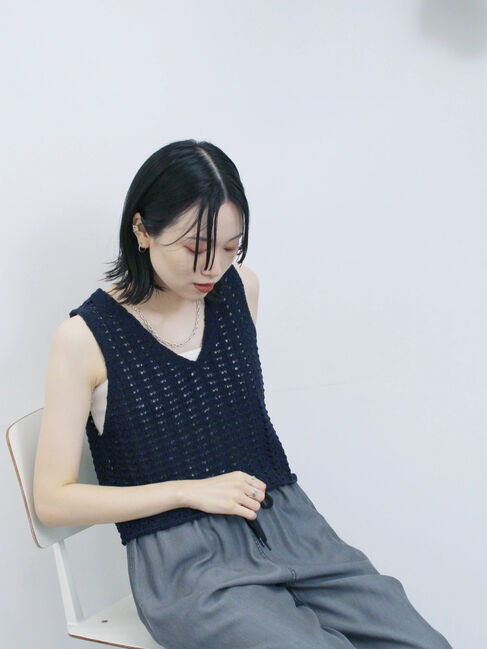 Samansa Mos2 blue「テープヤーン透かしニットベスト」|ニット・セーター|