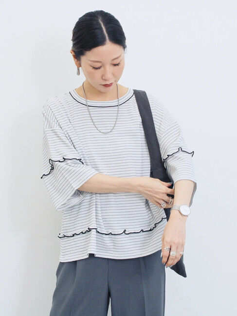 Samansa Mos2 blue「配色メローアソートプルオーバー」|Tシャツ・カットソー|