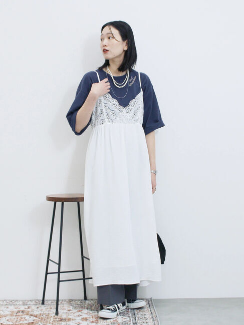 Samansa Mos2 blue「チェーン刺繍7分袖プルオーバー」|Tシャツ・カットソー|