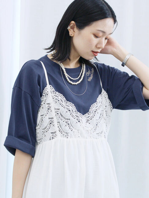 Samansa Mos2 blue「チェーン刺繍7分袖プルオーバー」|Tシャツ・カットソー|