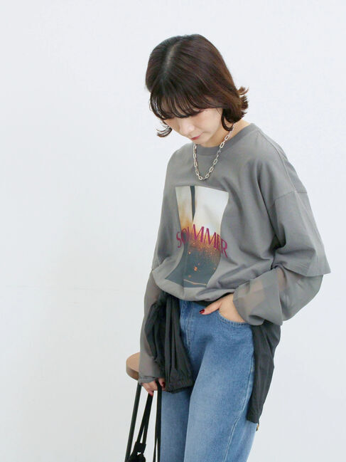 Samansa Mos2 blue「袖シフォンレイヤードプルオーバー」|Tシャツ・カットソー|